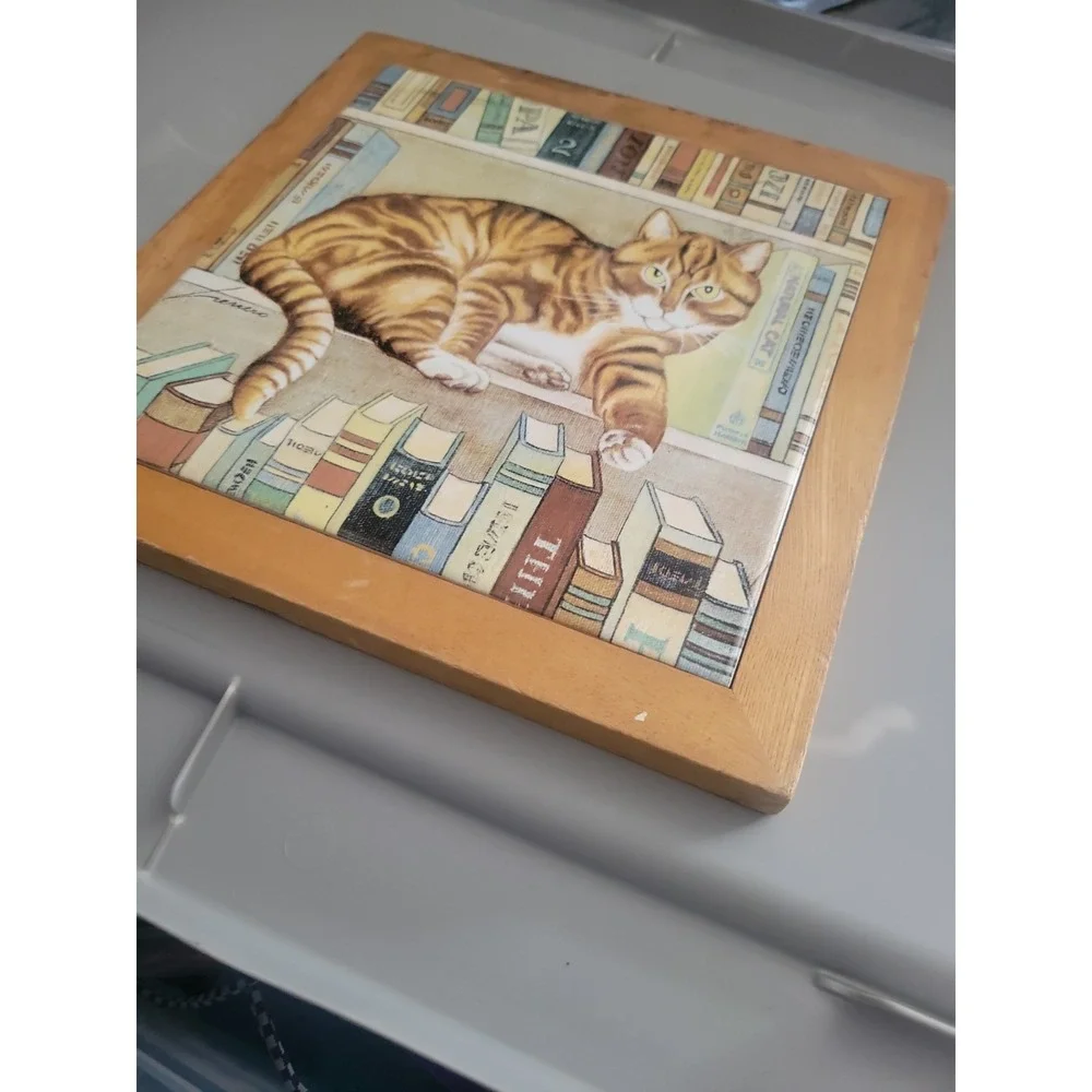 Cat Perching Book Shelf Lowell Herrero 1982 Framed Trivet 9.5 X 9.5